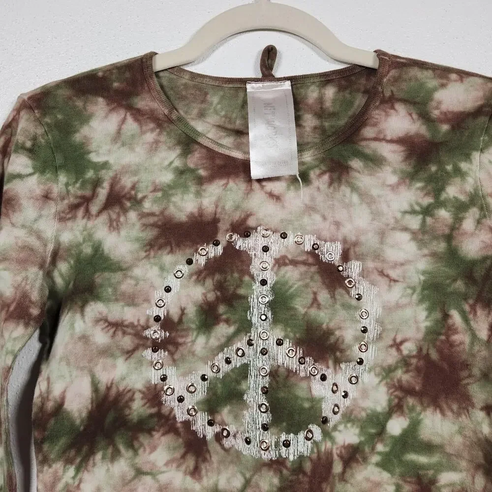 Vintage Knit Works Tie Dye Long Sleeve Peace Sign Shirt Top Boho Hippie